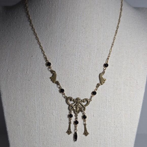 Vintage Signed SADIE GREEN Art Nouveau Style Black Stone Dangle Pendant Necklace - Picture 2 of 8